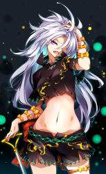 Rule 34 | 1girl, absurdres, antenna hair, arm ribbon, arm up, black shirt, black shorts, blouse, bow, breasts, collared shirt, commentary request, cowboy shot, eyelashes, fang, gradient background, grey hair, hand on own head, highres, himemushi momoyo, holding, leg ribbon, light particles, long hair, looking at viewer, medium breasts, messy hair, midriff, navel, open mouth, orange bow, orange ribbon, purple eyes, raptor7, ribbon, shirt, short shorts, short sleeves, shorts, simple background, solo, standing, stomach, teeth, thigh ribbon, thighs, touhou, wing collar