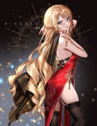 Rule 34 | 1girl, absurdres, backless dress, backless outfit, bare arms, bare back, bare shoulders, black thighhighs, blonde hair, blue eyes, commentary, dress, english commentary, garter straps, genshin impact, highres, long hair, looking at viewer, navia (genshin impact), red dress, ringeko-chan, sleeveless, sleeveless dress, smile, solo, sparkle, standing, thighhighs, thighs, very long hair