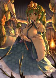 Rule 34 | 1girl, :o, absurdres, alternate hairstyle, blue skirt, breasts, commentary request, detached sleeves, fire, gohei, green eyes, green hair, hair ornament, hair tubes, highres, holding, indoors, kochiya sanae, kushidama minaka, large breasts, long hair, looking at viewer, low ponytail, mirror, sash, shirt, skirt, solo, tiara, touhou, white shirt, wide sleeves