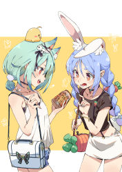 Rule 34 | 2girls, absurdres, alternate costume, alternate hair color, alternate hairstyle, animal, animal ear fluff, animal ears, animal on head, artist name, bag, bare legs, bike shorts, bird, bird on head, black choker, black ribbon, black shirt, black shorts, blue hair, blue nails, blue shorts, blush, bow, bracelet, braid, breasts, camisole, carrot hair ornament, casual, cat ears, chen yang yang, choker, collarbone, commentary, cowboy shot, denim, denim shorts, ear down, food-themed hair ornament, food themed hair ornament, from side, gradient hair, green hair, hair between eyes, hair ornament, hair ribbon, handbag, highres, holding, holding jar, hololive, jar, jewelry, kemonomimi mode, light blue hair, long hair, medium breasts, midriff, midriff peek, miniskirt, multicolored hair, multiple girls, nail polish, off-shoulder shirt, off shoulder, on head, open mouth, orange eyes, profile, purple hair, rabbit ears, red eyes, ribbon, shirt, short hair, short ponytail, short sleeves, shorts, shorts under skirt, signature, simple background, skirt, skull hair ornament, sleeveless, small breasts, smile, spaghetti strap, suspender skirt, suspenders, symbol-only commentary, thick eyebrows, translated, tress ribbon, twin braids, twintails, two-tone hair, undershirt, uruha rushia, usada pekora, virtual youtuber, white bow, white camisole, white hair, white skirt, yellow background, zipper