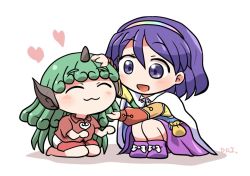 Rule 34 | 2girls, :3, :d, ^ ^, bag, barefoot, bow, cape, closed eyes, closed mouth, curly hair, footwear bow, green hair, hairband, headpat, heart, horns, kariyushi shirt, komainu, komano aunn, long hair, long sleeves, looking at another, multicolored clothes, multicolored hairband, multiple girls, open mouth, purple eyes, purple footwear, purple hair, red shirt, rokugou daisuke, seiza, shirt, short hair, short sleeves, shorts, signature, simple background, single horn, sitting, smile, tenkyuu chimata, touhou, white background, white bow, white cape, white shorts