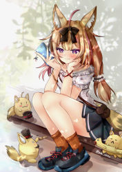 Rule 34 | 1girl, ahoge, alternate costume, alternate hairstyle, animal ears, bag, blonde hair, blouse, bow, bracelet, cellphone, dappled sunlight, day, ebiko yaki, eyelashes, facial hair, fang, fox ears, fox girl, fox tail, full body, hair bow, handbag, hat, head rest, highres, holding, holding phone, hololive, instrument, jewelry, kazoo, leaf, long hair, low-tied long hair, multicolored hair, mustache, omaru polka, outdoors, phone, purple eyes, rubber chicken, shirt, shoes, sitting, skirt, smartphone, sneakers, solo, stairs, strap, streaked hair, sunlight, tail, thighs, top hat, tree, twitter username, virtual youtuber, waiting, wrist straps