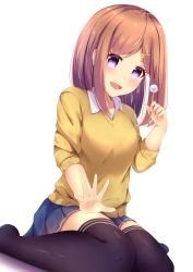 Rule 34 | 1girl, :d, amane 1906, black thighhighs, blue skirt, brown hair, earrings, hair ornament, hairclip, hand up, highres, jewelry, lap pillow invitation, long hair, looking at viewer, mimikaki, open mouth, original, purple eyes, school uniform, sitting, skirt, smile, solo, sweater, thighhighs, thighs, wariza, white background