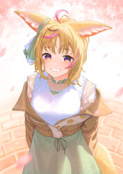 Rule 34 | 1girl, ahoge, animal ears, black hair, blonde hair, blush, breasts, brown jacket, cherry blossoms, clothing cutout, commentary, cowboy shot, day, dress, fox ears, fox girl, fox tail, green dress, grin, heart, heart-shaped pupils, highres, hololive, jacket, katuko deluxe, looking at viewer, medium breasts, multicolored hair, off shoulder, official alternate costume, omaru polka, omaru polka (street casual), open clothes, open jacket, outdoors, petals, pink hair, purple eyes, shirt, short hair, shoulder cutout, smile, solo, standing, symbol-shaped pupils, tail, virtual youtuber, white shirt