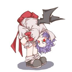 Rule 34 | 1girl, bat wings, bent over, blush, bow, commentary, english commentary, ezier, frown, full body, grey shirt, grey shorts, highres, hugging own legs, looking at viewer, loose socks, mary janes, purple hair, red bow, red eyes, remilia scarlet, shadow, shirt, shoes, short hair, shorts, simple background, sleeve bow, slit pupils, socks, solo, touhou, waist bow, white background, wings