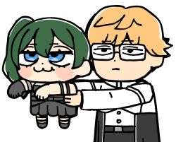 Rule 34 | 1boy, 1girl, :3, :|, arm strap, armpit carry, bkub, black dress, black gloves, blonde hair, blue eyes, blush, carrying, carrying person, chibi, chibi only, closed mouth, dress, glasses, gloves, green hair, hair between eyes, holding, jitome, land (sousou no frieren), lifting person, long sleeves, shirt, short hair, side ponytail, simple background, single glove, smile, sousou no frieren, ubel (sousou no frieren), unamused, white background