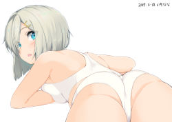 Rule 34 | 10s, 1girl, 2017, artist name, ass, bare arms, bare legs, bare shoulders, blue eyes, bra, breast press, breasts, dated, hair ornament, hair over one eye, hairclip, hamakaze (kancolle), kantai collection, looking back, lying, mokyutan, open mouth, panties, short hair, silver hair, simple background, solo, underwear, underwear only, white background, white bra, white panties