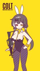 Rule 34 | 1girl, animal ears, bare shoulders, black hair, breasts, colt 9mm smg, detached collar, english text, fishnet pantyhose, fishnets, girls&#039; frontline, gun, hair ornament, hairclip, hand on own hip, heterochromia, highres, leotard, long hair, looking at viewer, necktie, pantyhose, pasties, playboy bunny, rabbit ears, rabbit hole (vocaloid), red eyes, ro635 (girls&#039; frontline), simple background, snafu (snafy snu), solo, submachine gun, twintails, weapon, white hair, yellow background, yellow eyes