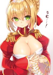 Rule 34 | 1girl, absurdres, bad id, bad pixiv id, blonde hair, braid, breasts, cleavage, closed mouth, epaulettes, fate/extra, fate/grand order, fate (series), green eyes, highres, juliet sleeves, large breasts, long sleeves, looking at viewer, nero claudius (fate), nero claudius (fate) (all), nero claudius (fate/extra), puffy sleeves, rota (078), shiny skin, short hair, simple background, solo, steepled fingers, umu (phrase), upper body, white background