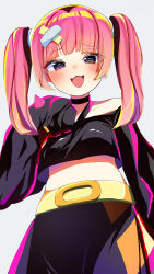 Rule 34 | 1girl, :d, absurdres, belt, belt buckle, black shirt, black skirt, blush, buckle, commentary request, creatures (company), eyelashes, fangs, game freak, hair ornament, hand up, highres, long sleeves, looking at viewer, nintendo, off-shoulder shirt, off shoulder, open mouth, pink hair, pokemon, pokemon (anime), pokemon horizons, raised eyebrows, coral (pokemon), shirt, skirt, sleeves past fingers, sleeves past wrists, smile, solo, tourui toruno, twintails, yellow belt