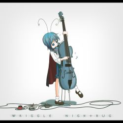 Rule 34 | 1girl, antennae, bad id, bad pixiv id, cape, cello, double bass, female focus, gradient background, green eyes, green hair, headphones, headphones around neck, instrument, letterboxed, matching hair/eyes, musical note, r.s.r., short hair, solo, touhou, wriggle nightbug