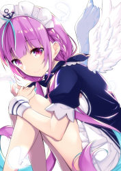 Rule 34 | 1girl, ahoge, alternate hairstyle, anchor symbol, angel wings, aqua hair, aqua nails, bare legs, blue dress, braid, closed mouth, commentary, dress, feathers, highres, holding, holding feather, hololive, hugging own legs, knees to chest, long hair, looking at viewer, maid headdress, minato aqua, minato aqua (1st costume), multicolored hair, nail polish, puffy short sleeves, puffy sleeves, purple eyes, purple hair, short sleeves, side braid, simple background, sitting, smile, solo, streaked hair, thighs, twintails, two-tone hair, virtual youtuber, white background, wings, wrist cuffs, yukino (yukinosora1126)