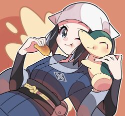 Rule 34 | 1girl, :t, akari (pokemon), closed mouth, commentary request, creatures (company), cyndaquil, eating, eyelashes, food, food on face, game freak, gen 2 pokemon, grey eyes, hands up, head scarf, highres, holding, holding food, imomochi, jacket, nintendo, on shoulder, one eye closed, outline, pokemon, pokemon (creature), pokemon legends: arceus, pokemon on shoulder, sash, shirt, skirt, sutokame, white headwear