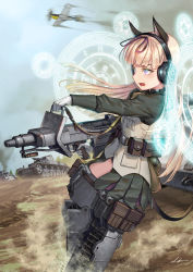 Rule 34 | 1girl, aircraft, airplane, ammunition pouch, animal ears, black ribbon, blonde hair, blunt bangs, caterpillar tracks, commentary request, gloves, green shirt, hair ribbon, headphones, holding, holding weapon, kws, long hair, long sleeves, magic circle, military, military vehicle, motor vehicle, outdoors, panzer iv, pouch, ribbon, shirt, smoke, solo, strike witches, tail, tank, thigh pouch, weapon, white gloves, world witches series