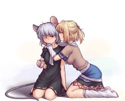 Rule 34 | 2girls, animal ears, arm warmers, blonde hair, blush, breasts, collarbone, cup, dress, drunk, closed eyes, grey hair, half updo, hater (hatater), holding, holding cup, hug, kneeling, medium breasts, mizuhashi parsee, mouse ears, mouse tail, multiple girls, nazrin, one eye closed, pointy ears, red eyes, short hair, simple background, tail, touhou, white background, yuri