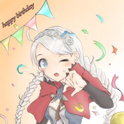 Rule 34 | 1girl, ahoge, blue eyes, braid, capelet, confetti, fire emblem, fire emblem fates, hairband, happy birthday, hood, hood down, hooded capelet, low twin braids, nina (fire emblem), nintendo, one eye closed, open mouth, parted bangs, party, red capelet, sakura no yoru, string of flags, sweatdrop, twin braids