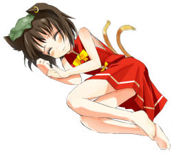 Rule 34 | 1girl, :3, animal ears, barefoot, brown hair, cat ears, cat girl, cat tail, chen, closed eyes, earrings, feet, female focus, full body, gotyou, hat, jewelry, multiple tails, ribbon, short hair, simple background, skirt, sleeping, solo, tail, touhou, white background