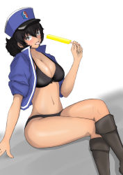 Rule 34 | 1girl, absurdres, andou (girls und panzer), bc freedom (emblem), bc freedom military uniform, bikini, black bikini, black eyes, black footwear, black hair, blue hat, blue jacket, boots, bow, bow bikini, breasts, brown eyes, cleavage, commentary request, crossed legs, dark-skinned female, dark skin, emblem, food, girls und panzer, hat, highres, holding, holding food, jacket, kepi, knee boots, large breasts, long sleeves, looking at viewer, medium hair, messy hair, military, military hat, military uniform, navel, no pants, partial commentary, popsicle, shibainutank, sitting, sleeves rolled up, solo, swimsuit, tongue, tongue out, uniform, white background