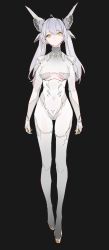 Rule 34 | 1girl, absurdres, black background, bodysuit, breasts, commentary, full body, highres, medium breasts, original, simple background, skin tight, solo, symbol-only commentary, yd (orange maru)