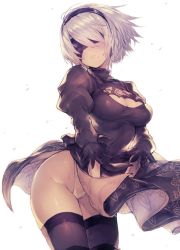 Rule 34 | 1girl, bad id, bad twitter id, black thighhighs, blindfold, boots, cleavage cutout, clothing cutout, cowboy shot, gloves, hairband, inayama, leotard, leotard under clothes, mole, mole under mouth, nier (series), nier:automata, revision, silver hair, skirt, solo, thigh boots, thighhighs, two-sided fabric, two-sided skirt, 2b (nier:automata)
