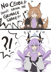 Rule 34 | !?, 2girls, 2koma, @ @, absurdres, animal ears, arknights, brown hair, ceobe (arknights), closed eyes, comic, commentary, cup, disposable cup, dog ears, dog girl, dog tail, drinking, drinking straw, english commentary, english text, fake horns, grimace shake (meme), hachi (hachi ik0), highres, holding, holding cup, horns, jacket, long hair, meme, multiple girls, purple hair, simple background, tail, typhon (arknights), upper body, white background
