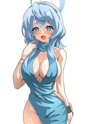 Rule 34 | 1girl, ako (blue archive), ako (dress) (blue archive), bare shoulders, blue archive, blue dress, blue eyes, blue hair, breasts, cleavage, cleavage cutout, clothing cutout, collarbone, cowboy shot, dress, groin, halo, halter dress, halterneck, highres, large breasts, long hair, looking at viewer, mussyu danachan, no panties, open mouth, simple background, solo, white background