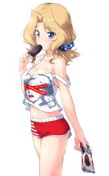 Rule 34 | 1girl, bare shoulders, blonde hair, blue eyes, blush, breasts, cleavage, collarbone, covered erect nipples, eating, feet out of frame, food, girls und panzer, highres, kay (girls und panzer), kuzuryuu kennosuke, large breasts, looking at viewer, looking to the side, medium hair, midriff, navel, popsicle, red shorts, shiny skin, shorts, simple background, solo, tank top, white background, wrapper