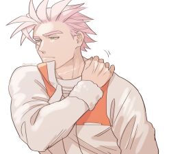 Rule 34 | 1boy, :/, artist request, bored, deruha (this communication), half-closed eyes, highres, huge eyebrows, large pectorals, looking ahead, male focus, motion lines, pectorals, pink hair, scar, scar on neck, short hair, solo, spiked hair, stretching, this communication, upper body