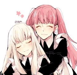 Rule 34 | 2girls, bad id, bad twitter id, blunt bangs, closed eyes, closed mouth, fire emblem, fire emblem: three houses, hilda valentine goneril, long hair, long sleeves, lysithea von ordelia, maid, multiple girls, naho (pi988y), nintendo, pink hair, simple background, smile, twintails, twitter username, upper body, white background, white hair