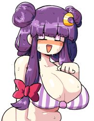 Rule 34 | 1girl, alternate costume, alternate hairstyle, belly, bikini, blunt bangs, bow, breasts, cleavage, commentary, crescent, crescent hair ornament, double bun, hair bow, hair bun, hair ornament, highres, huge breasts, large breasts, looking at viewer, navel, no headwear, notnoe (dxcl), open mouth, patchouli knowledge, plump, purple eyes, purple hair, red bow, shaded face, simple background, smile, solo, striped bikini, striped clothes, sweat, swimsuit, touhou, upper body, white background