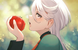 Rule 34 | 1girl, blurry, blurry background, dolce (dolsuke), eating, from side, fruit juice, green jacket, grey eyes, grey hair, gundam, gundam suisei no majo, hair between eyes, highres, jacket, long hair, looking to the side, miorine rembran, open mouth, school uniform, swept bangs, tomato