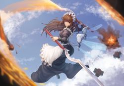 Rule 34 | 1girl, absurdres, apron, attack, brown hair, day, dress, explosion, full body, grin, highres, huge filesize, ironworm, last origin, long dress, long hair, looking at viewer, maid, maid apron, maid headdress, md5 mismatch, midair, outdoors, poper (arin sel), red eyes, resolution mismatch, sanpaku, scissors lise, sky, smile, solo, source smaller, wings, yandere
