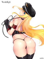Rule 34 | 1girl, aqua eyes, arched back, ass, backless outfit, black gloves, black thighhighs, breasts, closed mouth, collar, corset, dominatrix, dungeon and fighter, floating hair, gloves, hair between eyes, hat, long hair, looking at viewer, looking back, medium breasts, police hat, shaojiang, sidelocks, simple background, solo, thighhighs, thighs, thong, whip, white background
