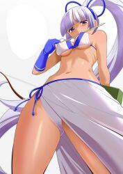 Rule 34 | 1girl, absurdres, arm behind back, bikini, blue eyes, breasts, cleavage, covered erect nipples, fingerless gloves, from below, gloves, grey hair, highres, large breasts, legs, long hair, looking at viewer, majikina mina, mouth hold, navel, ponytail, samurai spirits, sarong, smile, snk, solo, swimsuit, tan, thighs, underboob, very long hair, white bikini
