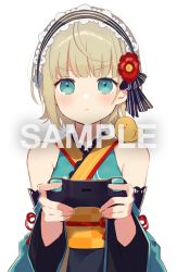 Rule 34 | 1girl, :&lt;, animal, animal on shoulder, bare shoulders, bird, black hairband, blue eyes, blue kimono, blue sleeves, brown hair, chick, closed mouth, commission, controller, copyright request, detached sleeves, flower, game controller, hair flower, hair ornament, hairband, highres, holding, japanese clothes, kimono, long sleeves, looking at viewer, obi, red flower, sample watermark, sash, short hair, simple background, skeb commission, sleeveless, sleeveless kimono, sofra, solo, striped clothes, striped hairband, upper body, v-shaped eyebrows, virtual youtuber, watermark, white background, wide sleeves
