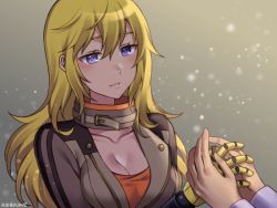 Rule 34 | 2girls, artist name, blake belladonna, blonde hair, blush, breasts, cleavage, eyebrows, holding hands, kio rojine, long hair, medium breasts, multiple girls, open mouth, out of frame, prosthesis, prosthetic arm, purple eyes, rwby, yang xiao long