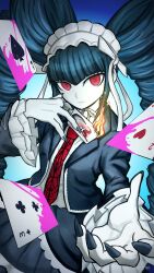 Rule 34 | 1girl, absurdres, aruke (gter7727), black hair, black nails, blood, bonnet, card, celestia ludenberg, claw ring, danganronpa: trigger happy havoc, danganronpa (series), drill hair, frills, gothic lolita, headdress, highres, jacket, jewelry, lolita fashion, long hair, long sleeves, looking at viewer, nail polish, necktie, pink blood, red eyes, red necktie, shirt, solo, twin drills, twintails