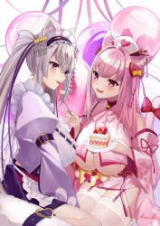 Rule 34 | absurdres, animal ears, bare shoulders, blush, bow, breast curtain, breasts, cat ears, cat girl, cat tail, commentary, detached sleeves, eye contact, grey hair, hair bow, hair ornament, hat, highres, huge breasts, indie virtual youtuber, japanese clothes, juliet sleeves, kimono, large breasts, long hair, long sleeves, looking at another, maid, miyako miyuri, mole, mole on breast, nurse cap, pink hair, pink kimono, puffy sleeves, purple kimono, seiza, shima koume, short kimono, sitting, sleeve garter, sleeveless, sleeveless kimono, tail, tassel, tassel hair ornament, tenshouin himeno, thighhighs, underboob, virtual youtuber, wa maid, white thighhighs, zettai ryouiki