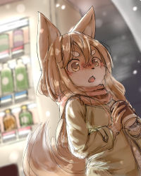 Rule 34 | 1girl, absurdres, animal ears, blush, breath, brown eyes, brown hair, can, coat, fang, female focus, fox ears, fox tail, hair between eyes, highres, holding, holding can, monotsumi, open mouth, original, outdoors, scarf, snow, snowing, solo, tail, tareme, thick eyebrows, vending machine, winter clothes