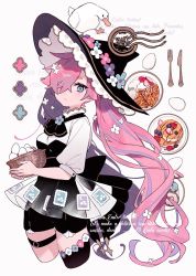 Rule 34 | 1girl, basket, bird, black dress, black hat, black thighhighs, blue eyes, dress, duck, egg, flower, food, fork, hair flower, hair ornament, hair over one eye, hat, holding, holding basket, knife, long hair, looking at viewer, original, pink hair, plate, saku nosuke, shirt, single thighhigh, solo, suzette (sa9no), thigh strap, thighhighs, twintails, very long hair, white flower, white shirt, witch hat