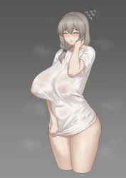 Rule 34 | 1girl, artist request, blush, bottomless, breasts, clothes pull, covered erect nipples, cowboy shot, curvy, closed eyes, grey background, grey hair, hair over shoulder, hand on own cheek, hand on own face, highres, huge breasts, long hair, low tied hair, mature female, see-through, shirt, shirt pull, smile, solo, sweatdrop, thighs, uzaki-chan wa asobitai!, uzaki tsuki, wet, wet clothes, wet shirt, white shirt, zb (xucz8527)