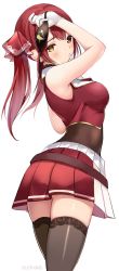 Rule 34 | 1girl, blush, breasts, commentary request, eyepatch, hair ribbon, highres, holding, holding eyepatch, hololive, houshou marine, long hair, medium breasts, red eyes, red hair, red ribbon, ribbon, ry thae, short hair, simple background, solo, twintails, unworn eyepatch, virtual youtuber, white background, yellow eyes