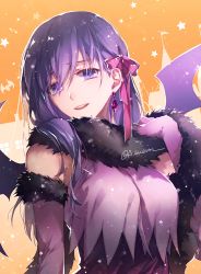 Rule 34 | 1girl, bad id, bad pixiv id, blush, bow, breasts, crop top, crystal, earrings, elbow gloves, fate/stay night, fate (series), fur-trimmed gloves, fur collar, fur trim, gloves, h sueun, hair between eyes, hair bow, halloween, hand up, head tilt, jewelry, long hair, matou sakura, medium breasts, orange background, parted lips, pink gloves, pink shirt, purple bow, purple eyes, purple hair, revision, round teeth, shirt, solo, teeth, twitter username, upper teeth only