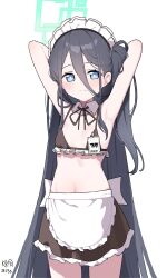 Rule 34 | 1girl, absurdres, aqua halo, aris (blue archive), armpits, black hair, blue archive, blue eyes, bra, halo, highres, long hair, looking at viewer, maid, myeolchi, simple background, smile, solo, underwear