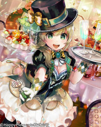 Rule 34 | 1girl, :d, breasts, brown hair, carrying, cleavage, fork, glass, gloves, green eyes, hat, holding, long hair, looking at viewer, majoca majoluna, official art, open mouth, shutsuri, smile, solo, tray
