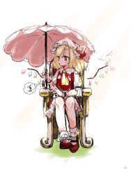 Rule 34 | 1girl, ascot, black nails, blonde hair, blush, chair, closed mouth, collar, collared shirt, crystal, dress, eyes visible through hair, flandre scarlet, grass, hands up, hat, hat ribbon, highres, jewelry, komori (komo ricecake), looking to the side, mob cap, multicolored wings, nail polish, one side up, puffy short sleeves, puffy sleeves, red dress, red eyes, red footwear, red ribbon, ribbon, shirt, shoes, short hair, short sleeves, simple background, sitting, socks, solo, touhou, umbrella, white background, white hat, white shirt, white socks, wings, wrist cuffs, yellow ascot