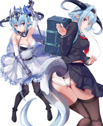 Rule 34 | 1girl, absurdres, ass, bag, bare shoulders, black bow, black sailor collar, black serafuku, black shirt, black skirt, black thighhighs, blue hair, blush, bow, bow panties, breasts, cable, circlet, cleavage, closed mouth, collarbone, commentary, cygames, dragon girl, dragon horns, dragon tail, dress, expressionless, flower, frilled skirt, frills, from behind, gatari, gauntlets, hair between eyes, hair flower, hair ornament, highres, horns, large breasts, looking at viewer, looking back, midriff peek, miniskirt, multiple views, neckerchief, panties, pantyshot, pleated skirt, pointy ears, polearm, ponzu (catponz), purple eyes, red neckerchief, sailor collar, school bag, school uniform, serafuku, shadowverse, shirt, short hair, shoulder bag, simple background, skirt, standing, strapless, strapless dress, tail, thighhighs, thighs, underwear, upskirt, weapon, white background, white dress, white panties, whitefrost dragonewt filene, wire