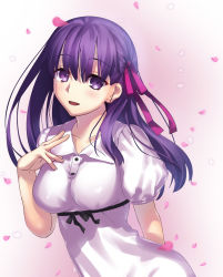 Rule 34 | 1girl, :d, arm behind back, black ribbon, breasts, collarbone, dress, fate/stay night, fate (series), floating hair, hair between eyes, hair ribbon, highres, long hair, matou sakura, medium breasts, official alternate costume, open mouth, petals, purple eyes, purple hair, purple ribbon, ribbon, short sleeves, smile, solo, standing, upper body, white background, white dress, yoshida takuma