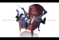 Rule 34 | 1girl, absurdres, arknights, bare legs, belt, black footwear, black horns, black jacket, blue hair, chair, closed eyes, demon horns, english text, full body, gloves, halo, highres, holding, horns, jacket, kiscript, letterboxed, long hair, mostima (arknights), open mouth, shirt, shorts, simple background, smile, solo, wand, white background, white gloves