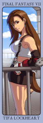 Rule 34 | 1990s (style), 1girl, brown eyes, brown hair, character name, copyright name, crop top, earrings, elbow pads, final fantasy, final fantasy vii, jewelry, long hair, long image, low-tied long hair, midriff, pencil skirt, railing, retro artstyle, risachantag, skirt, solo, square enix, suspender skirt, suspenders, tall image, tank top, tifa lockhart, very long hair